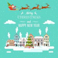 happy new year and merry Christmas winter old town street Santa Claus with deers in sky above the city. concept for greeting and postal card, invitation, template. Vector illustration in flat style