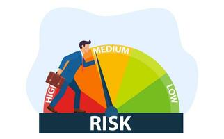 The concept of risk on the speedometer is high, medium, low. A businessman manages risk in business or life. Vector illustration in flat style.