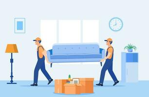 Concept moving house. Men in overalls taking boxes and furniture out of apartment. Moving with boxes to new home. Pile of stacked cardboard boxes. Vector illustration in flat style