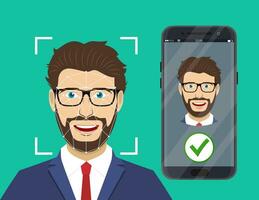 Face recognition , biometric security system concept. Face ID, mobile app. Phone with biometric identification man face on the screen. Vector illustration in flat style