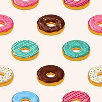 Donuts seamless isometric pattern. Cute sweet food baby background. Colorful design for textile, wallpaper, fabric, decor. Template for design. Vector illustration in flat style