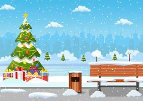 snowy winter city park with Christmas trees, bench, walkway and city skyline. Winter Christmas landscape for banner, poster, web. Vector illustration in flat style