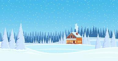 Christmas landscape background with snow and tree. Merry christmas holiday. New year and xmas celebration. Vector illustration in flat style