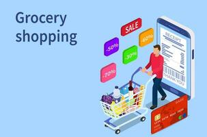 Isometric man with shopping cart. Shopping and Supermarket concept, Can use for web banner, infographics. Vector illustration in flat style