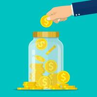 Hand throws a gold coin in the jar. Cash home. Save your money concept. Vector illustration in flat style