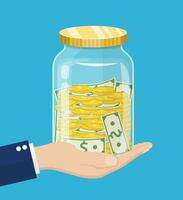 hand saver with glass jar and coins money. Money Jar. Saving dollar coin in jar.Save your money concept. Vector illustration in flat style