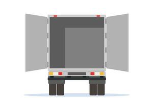 Truck trailer rear view side with open doors. Delivery van isolated. Express delivering services commercial truck. Fast and free delivery by car. Cargo logistic.Vector illustration in flat style vector