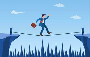 Businessman is walking a tightrope across the gap between the rocks. business concept risk and danger. financial crisis. Risk management challenge. Vector illustration in flat style.