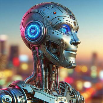 AI generated portrait in profile of a smiling robot photo