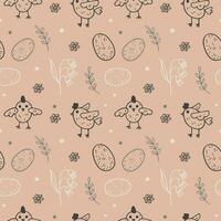 Easter seamless pattern boho style hand drawn vector illustration spring motif. Repeating sketch background with chickens, Easter eggs on backdrop wild plants. For packing, paper, card, print, flaer