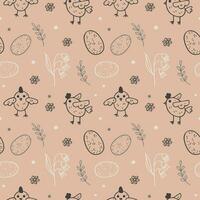 Easter seamless pattern boho style hand drawn vector illustration spring motif. Repeating sketch background with chickens, Easter eggs on backdrop wild plants. For packing, paper, card, print, flaer