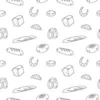 Bakery products seamless pattern vector illustration background.Hand drawn ornament with bread, bun, croissant. Food and bake design for poster, label, template, card, backdrop, print, menu, wrapping