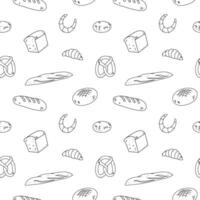 Bakery products seamless pattern vector illustration background.Hand drawn ornament with bread, bun, croissant. Food and bake design for poster, label, template, card, backdrop, print, menu, wrapping