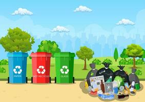 Garbage dump with rubbish bin for recycling in park. Different types of waste. Trash laying on the street. Vector illustration in flat style