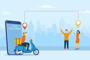 online delivery service concept. woman order food via smartphone. delivery home and office. scooter courier. template, mobile app, poster, banner. Vector illustration in flat style