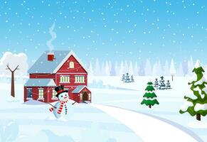 Suburban house covered snow. Building in holiday ornament. Happy new year decoration. Merry christmas holiday. New year xmas celebration. Vector illustration