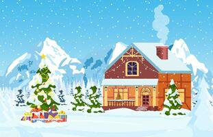 Suburban house covered snow. Building in holiday ornament. Christmas landscape tree spruce. Happy new year decoration. Merry christmas holiday. New year xmas celebration. Vector illustration