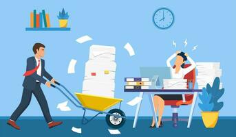 Overworked in the office. female worker at the desk exhausted with too much paper work, his colleague pushing a wheelbarrow full of paper, documents. Vector illustration in flat style