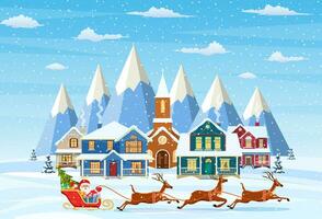A house in a snowy Christmas landscape. Santa Claus on a sleigh. concept for greeting or postal card. Merry christmas holiday. New year and xmas celebration vector