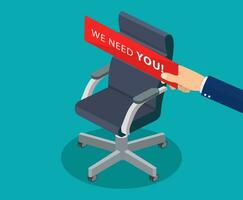 business chair with Hand holding cardboard with we need you message. Isometric 3d style design for web, site, advertising, banner, poster. Business recruiting and hiring concept. vector