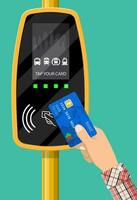 Terminal and bank card in hand. Airport, metro, bus, subway ticket terminal validator. Wireless, contactless or cashless payments, rfid nfc. Vector illustration in flat style