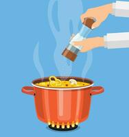 Chef cook with salt mill and boiling pot. Pan on the fire, a pot of soup, cooking soup. Vector illustration in flat style.