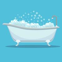 Modern bathtub with foam shower isolated on background. Element for design bathroom. Vector illustration in flat style