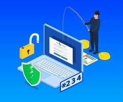 isometric Login into account and fishing hook. Internet phishing, hacked login and password.Computer internet security concept. Anti virus, spyware, malware. Vector illustration in flat style