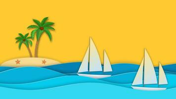 Sailboat in the sea. Sun, clouds. Paper cut illustration for advertising, travel, tourism, cruises, travel agency. island with palm and coconut. Vector illustration