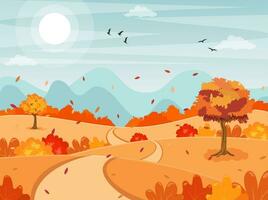 autumn fall cartoon landscape background. trees and hills on the plain. Vector illustration in flat style.