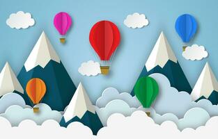 colorful hot air balloons flying in the air with blue cloudy sky background. Paper cut poster template with air balloons. flyers, banners, posters and templates design. vector
