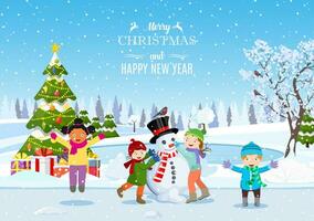 happy new year and merry Christmas greeting card. Christmas landscape. christmas tree. Children building snowman. Winter holidays. Vector illustration in flat style