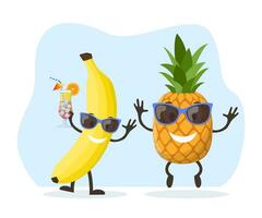 Funny banana and pineapple character with human face and cocktail glass having fun at party. Colorful summer design. Vector illustration in flat style