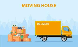 Delivery service concept. moving house. Pile cardboard boxes with truck on cityscape background. Relocate to new home or office. Vector illustration in flat style