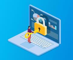 Data protection. Internet security. 3d isometric people, man computer pc with key, lock. Concept for web page, banner, presentation, social media, documents cards, posters vector