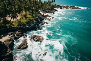 AI generated Aerial view of road, rocky sea coast with waves and stones at sunset Landscape with beautiful road, transparent blue water, rocks. Top view from drone of highway in summer photo