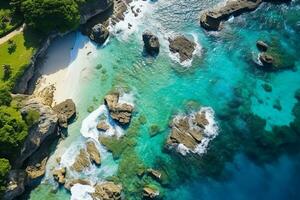 AI generated Aerial view of road, rocky sea coast with waves and stones at sunset Landscape with beautiful road, transparent blue water, rocks. Top view from drone of highway in summer photo