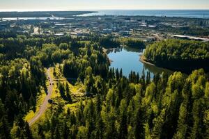 AI generated drone aerial birds eye view of a large green grass forest with tall trees and a big blue bendy river flowing through the forest photo