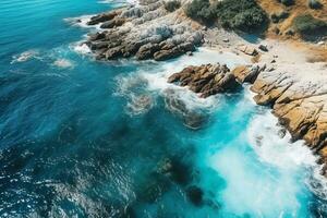 ai generado aéreo ver de camino, rocoso mar costa con olas y piedras a puesta de sol paisaje con hermosa camino, transparente azul agua, rocas parte superior ver desde zumbido de autopista en verano foto