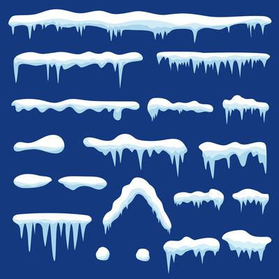Icicles set on site menu bar and buttons. New year snowflakes decoration kit for website. Snow caps. Vector illustration in flat style