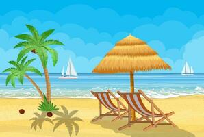 Paradise beach of the sea with yachts and palm trees. Tropical island resort. Vector illustration in flat style