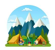 Group of young people are sitting around campfire. Young tourists, campers cartoon characters. Man playing guitar. Vector illustration in flat style