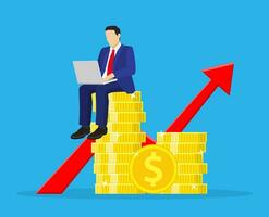 Financial consultantsitting on a stack of coins. Successful investor or entrepreneur. Financial consulting, investment and savings. Vector illustration in flat style