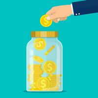 Hand throws a gold coin in the jar. Cash home. Save your money concept. Vector illustration in flat style