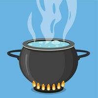Boiling water in black pan. Cooking concept vector