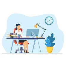 Businesswoman sitting at desk working on computer in office. Office worker working paperwork. Computer on table. Vector illustration in flat style