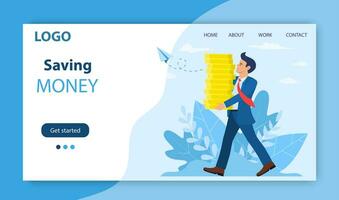 Happy businessman or manager carries big stack of gold coins money. Success in business or Wealth, banking, investment, concept. Website Landing Page, Web Page. Vector illustration in flat style.