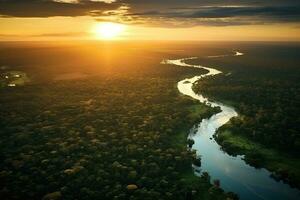 AI generated drone aerial birds eye view of a large green grass forest with tall trees and a big blue bendy river flowing through the forest photo