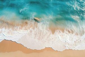 AI generated Top view aerial image from drone of an stunning beautiful sea landscape beach with turquoise water with copy space photo