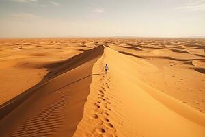 AI generated Arabic man with traditional emirates clothes walking in the desert and Dubai skyline in the background photo